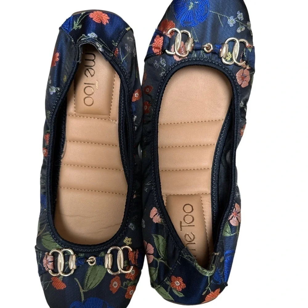 Me Too Olympia Ballet Flat Satin Floral w/ Metal Bit Trim Cushioned Driving Sole